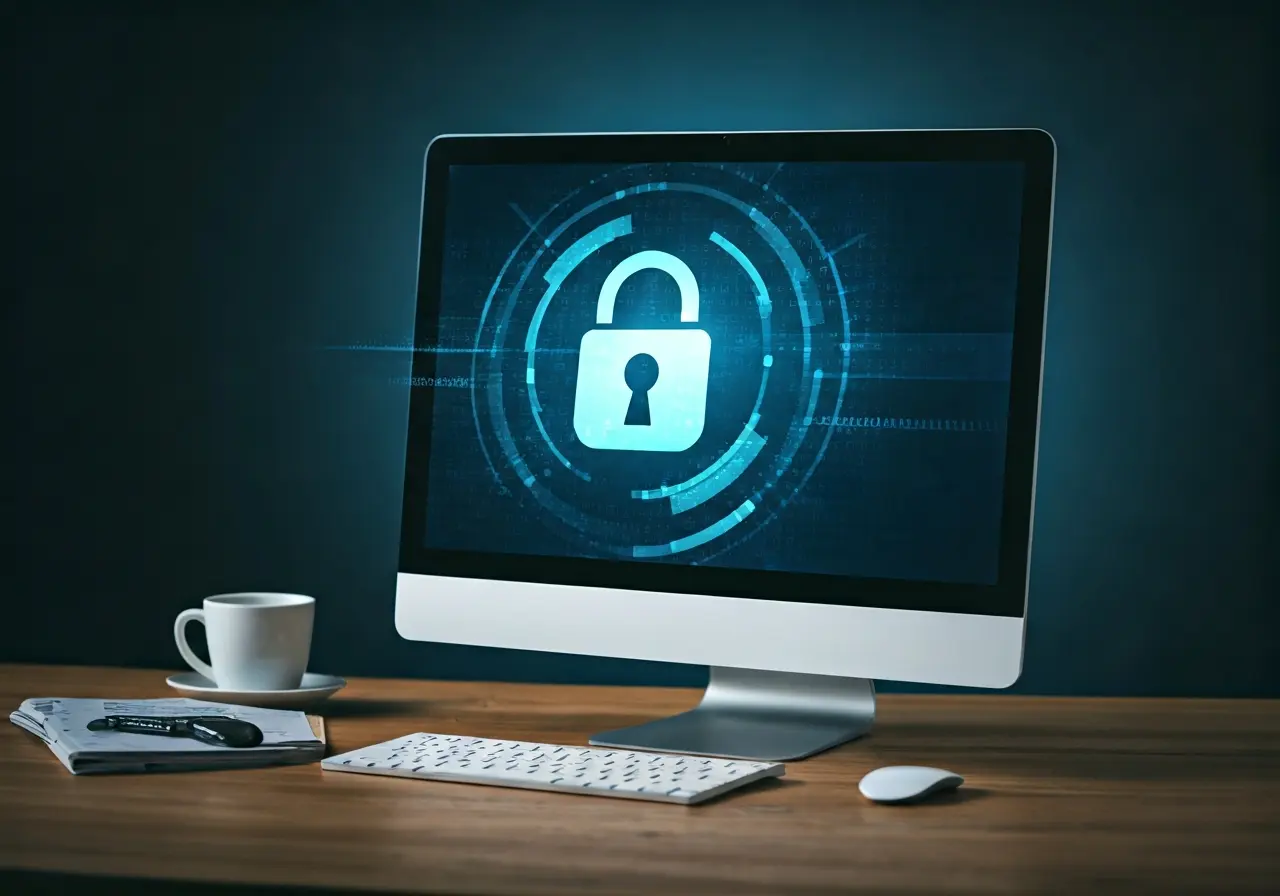 A computer with a lock symbol superimposed on the screen. 35mm stock photo