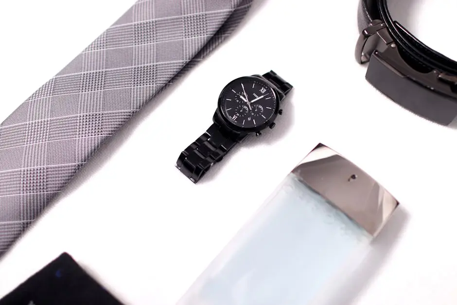 Flat lay of men’s fashion items including a watch, tie, belt, and cologne.