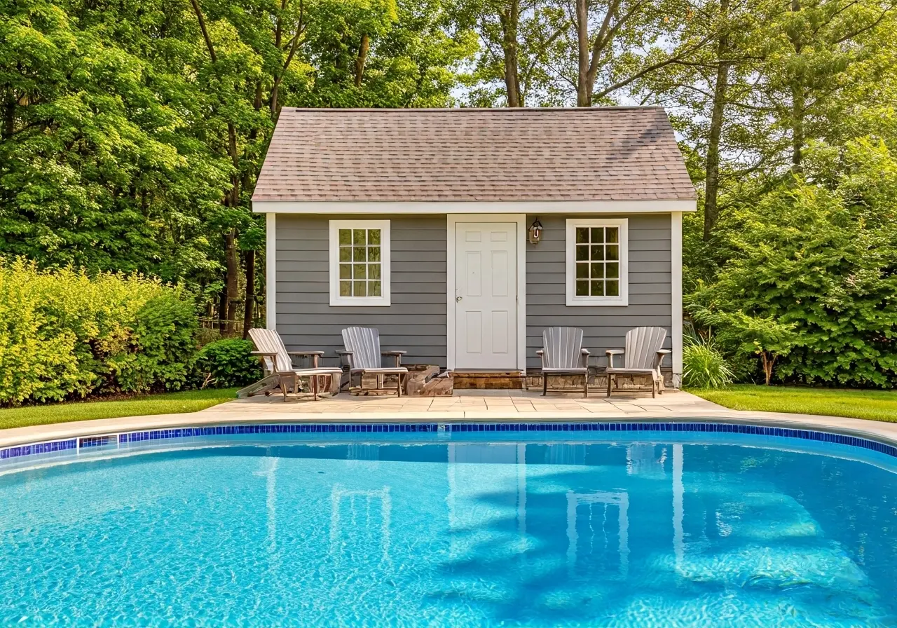 A charming pool house beside a sparkling blue swimming pool. 35mm stock photo