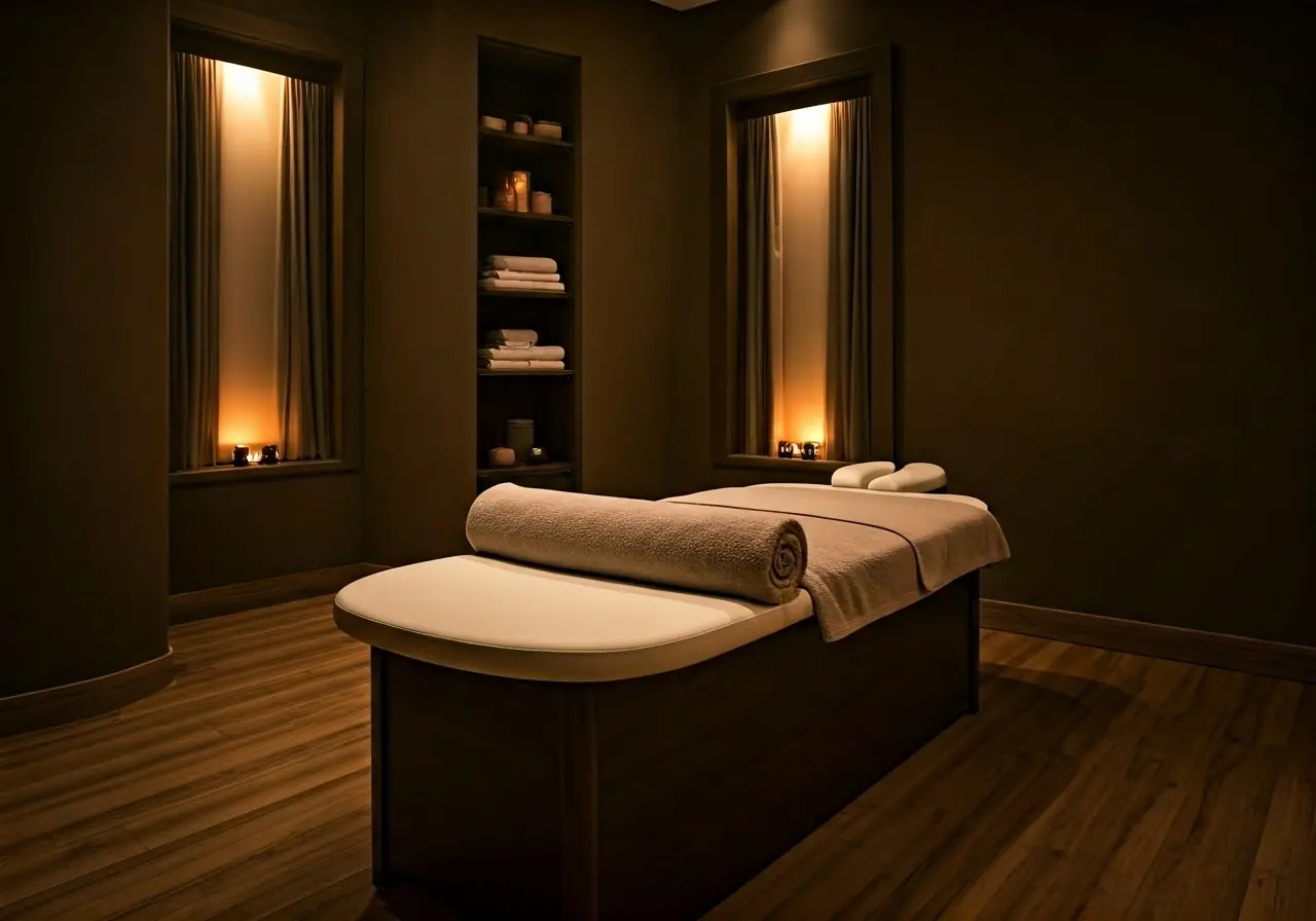 A serene massage therapy room with calming ambient lighting. 35mm stock photo