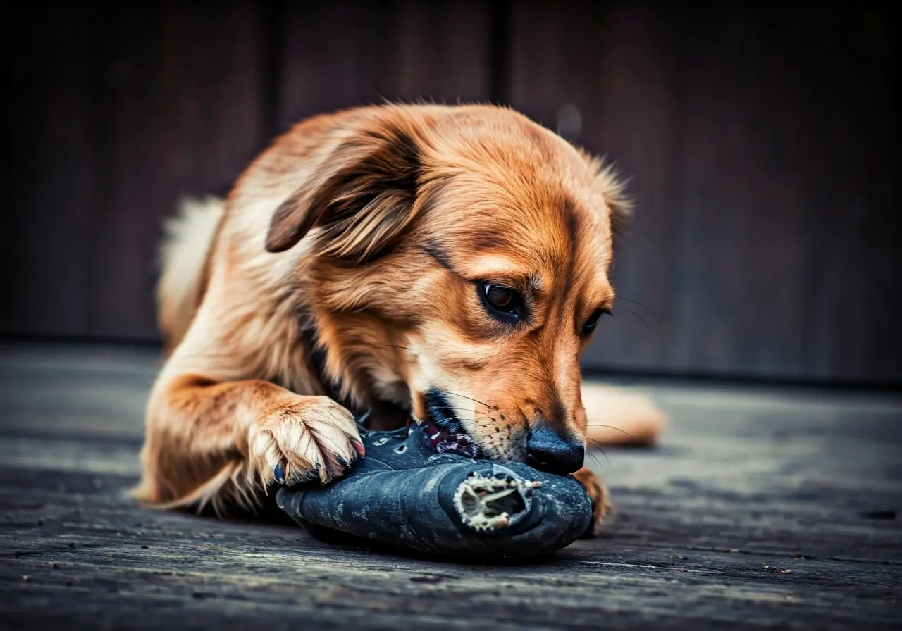 A mischievous dog chewing on a torn-up shoe. 35mm stock photo