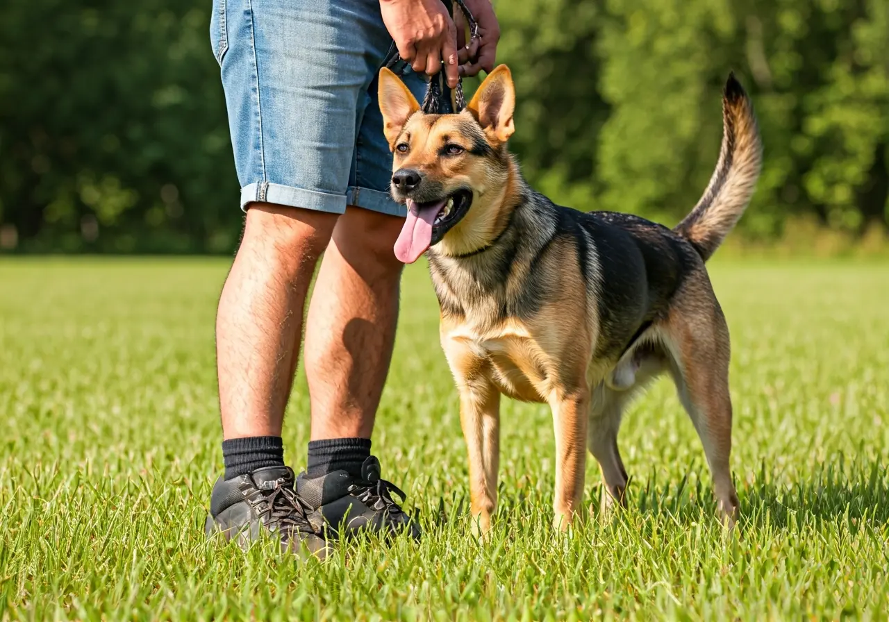 A happy dog with its owner in a training session. 35mm stock photo