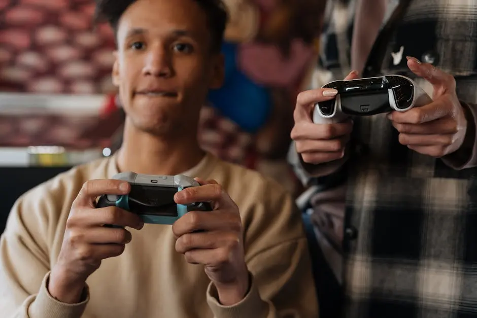 Two young adults intensely focused on playing video games with controllers indoors.