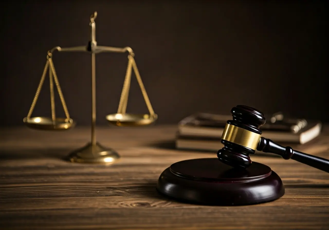 A gavel and justice scales on a wooden desk. 35mm stock photo