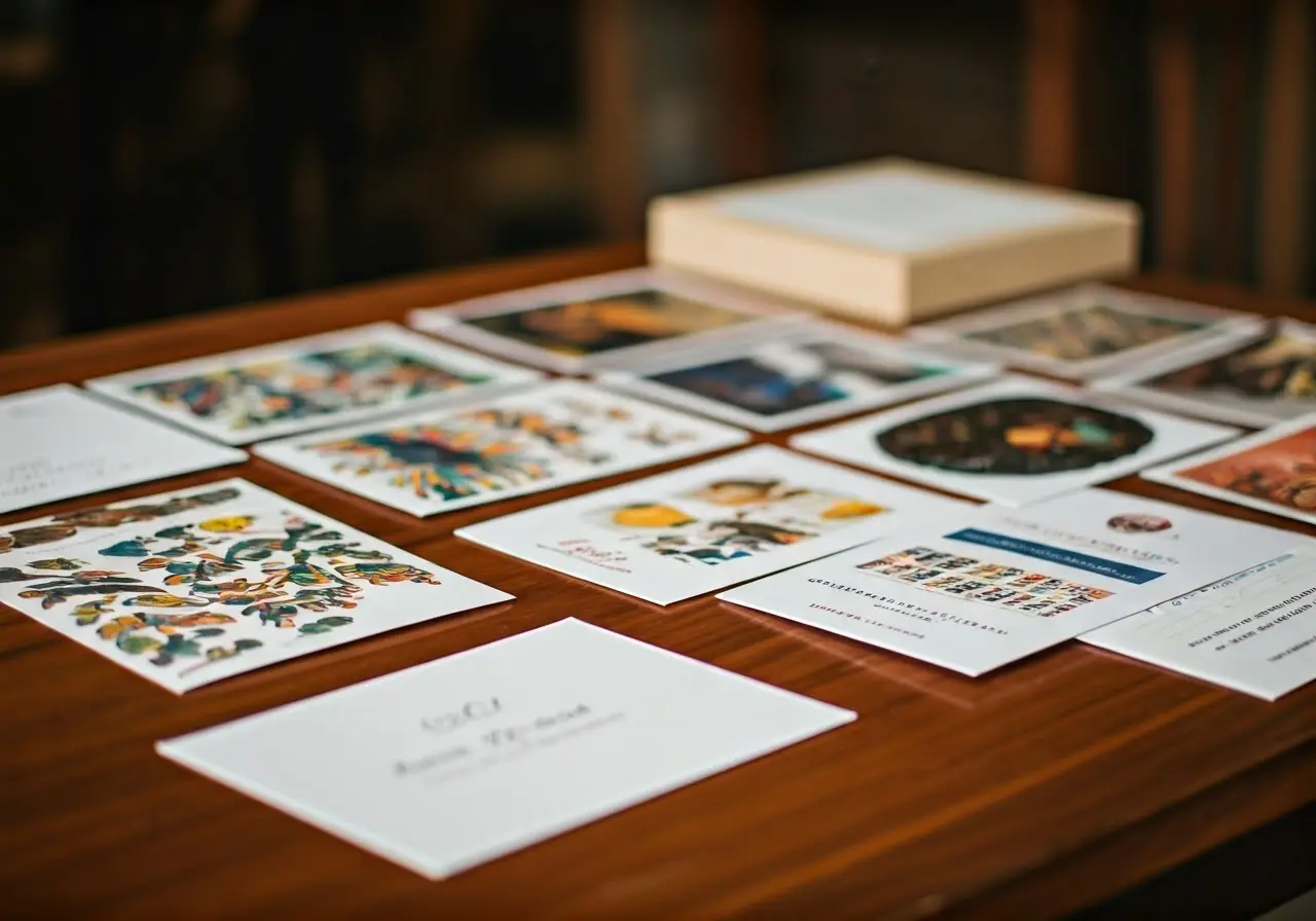A table adorned with artistic, colorful graduation invitation samples. 35mm stock photo