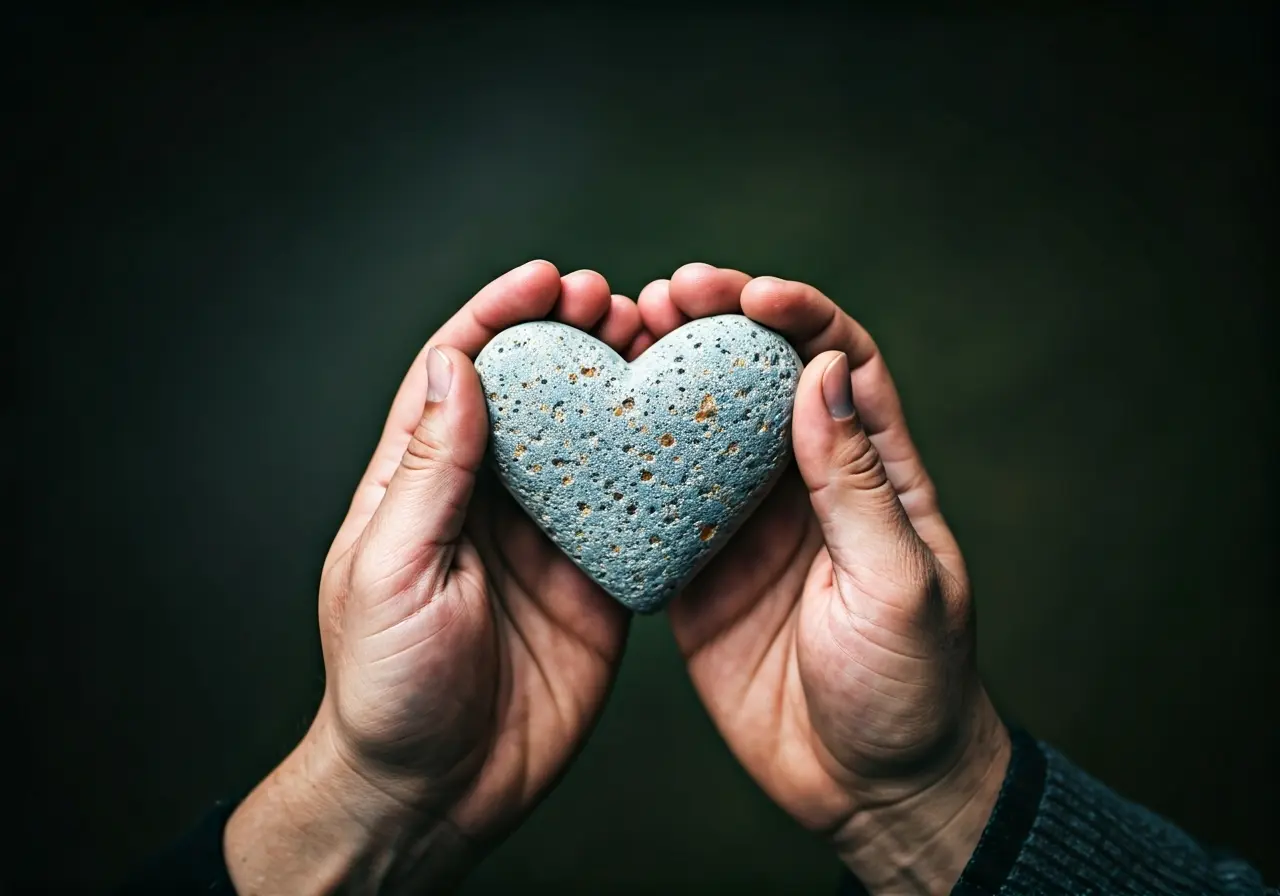 Two hands holding a heart-shaped stone symbolizing love and unity. 35mm stock photo