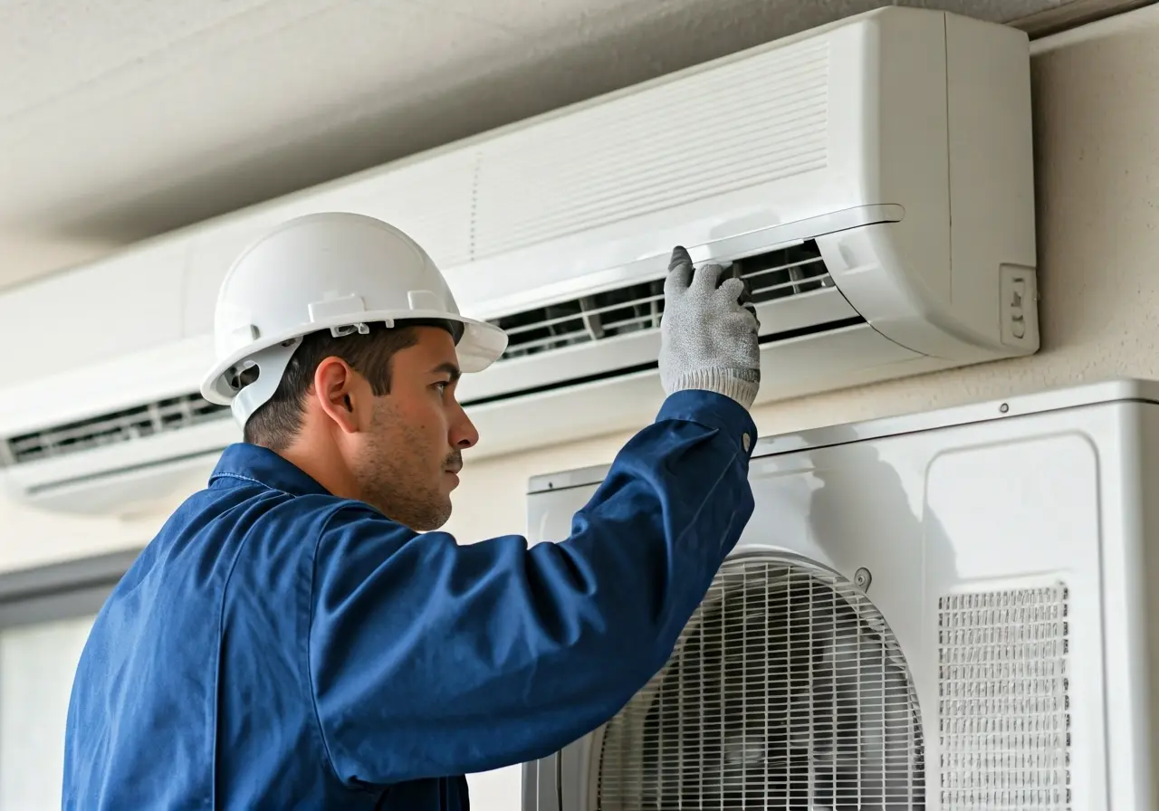 A technician fixing an air conditioner on a sunny day. 35mm stock photo