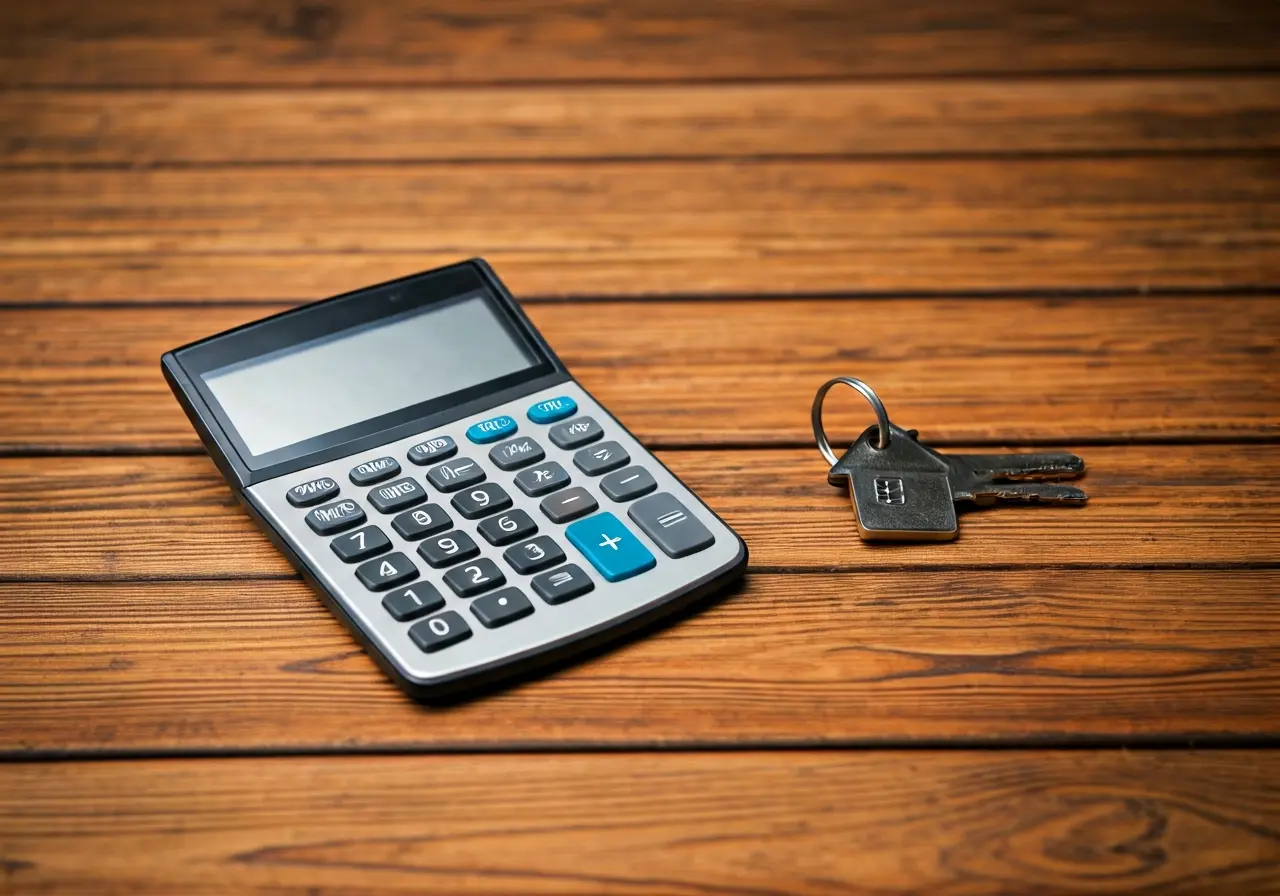 A calculator and house key on a wooden table. 35mm stock photo