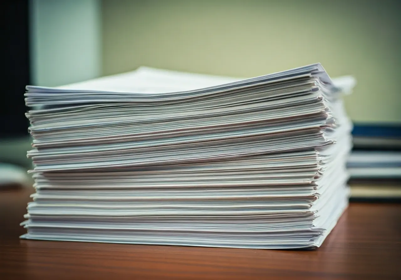 Stacks of invoices on a cluttered office desk. 35mm stock photo