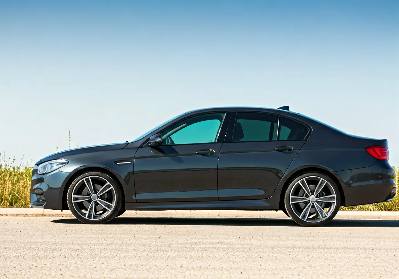 A sleek car with tinted windows under a sunny sky. 35mm stock photo