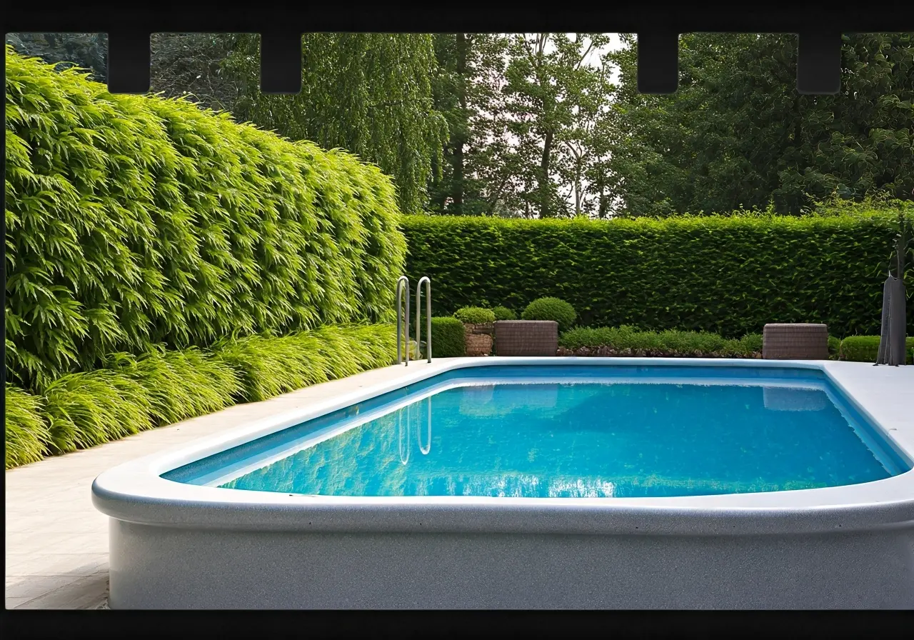 A serene backyard with a modern fiberglass pool and greenery. 35mm stock photo