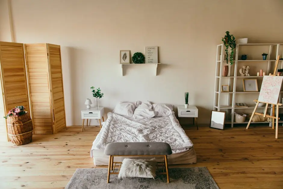 Elegant modern bedroom featuring wooden elements, soft lighting, and minimalist design. Perfect for interior inspiration.