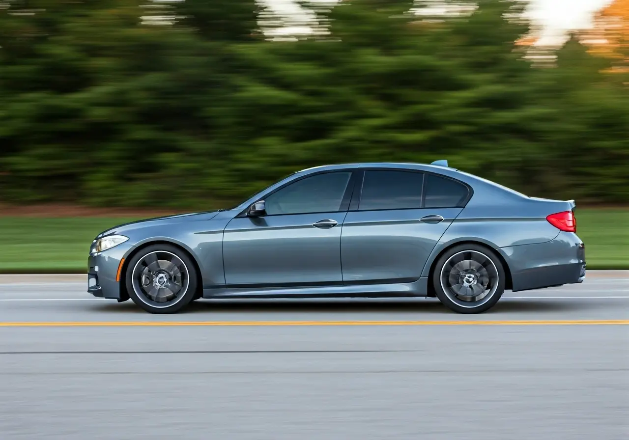 A car with sleek, tinted windows driving through Kernersville. 35mm stock photo