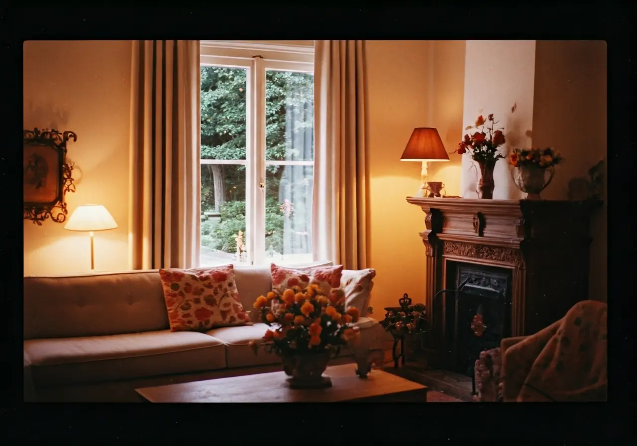 A cozy living room with soft lighting and flowers. 35mm stock photo