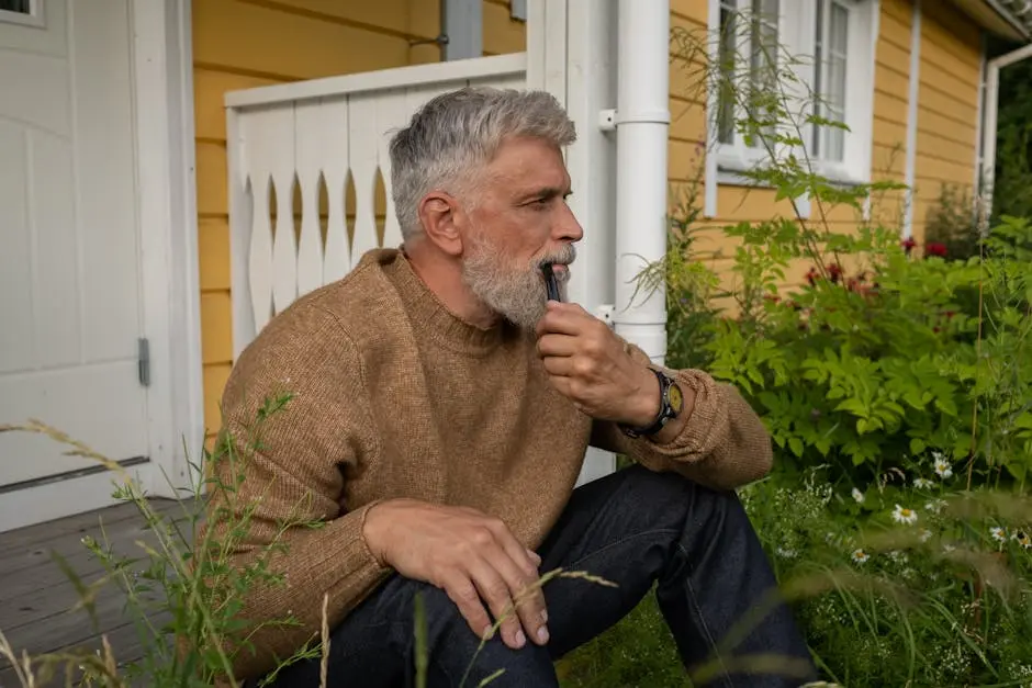 A senior man with gray hair sits on a porch, enjoying a pipe in a serene outdoor setting.