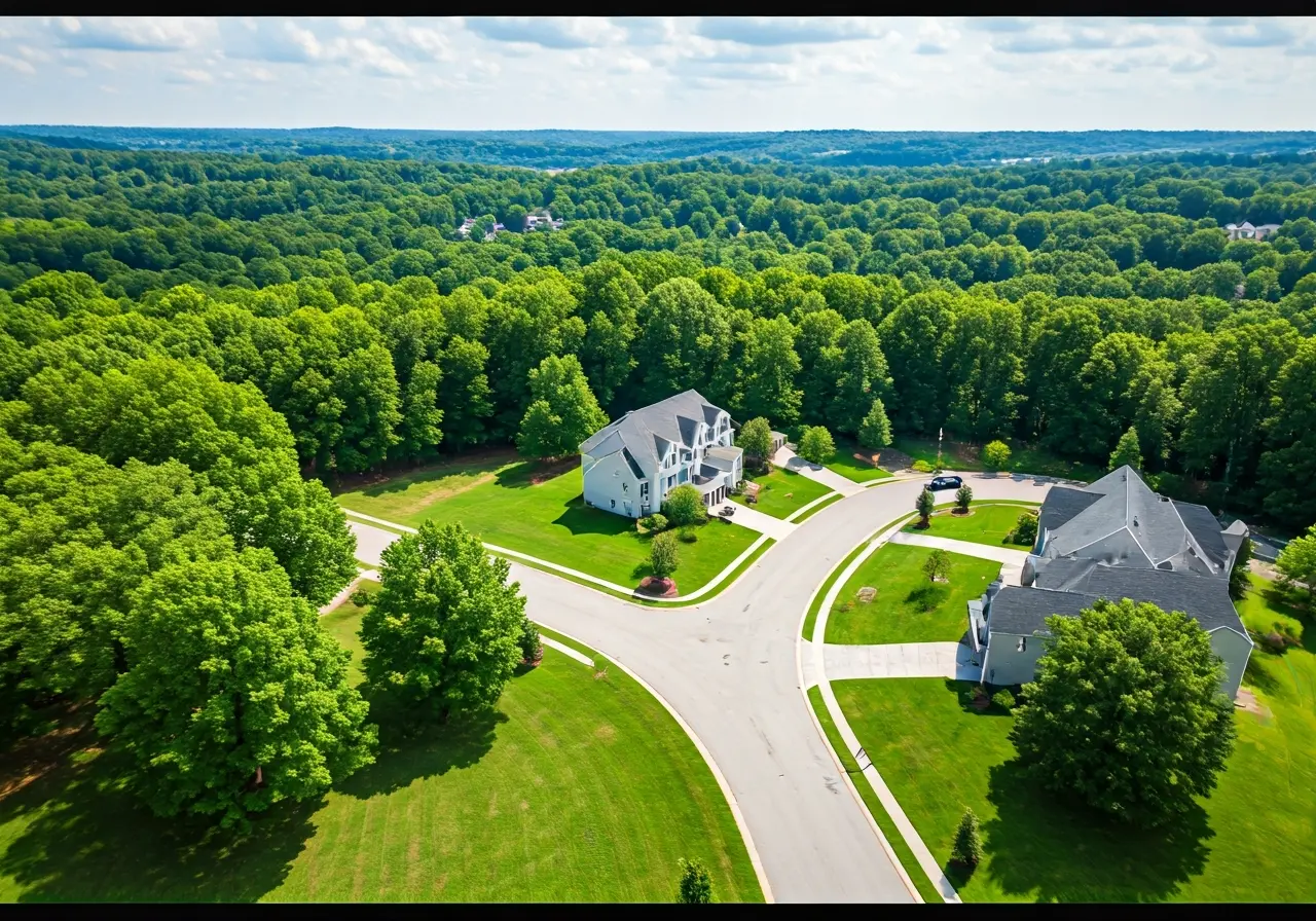 Aerial view of suburban homes nestled in Northern Virginia&rsquo;s greenery. 35mm stock photo