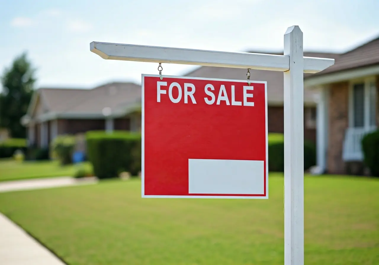 A For Sale sign in front of a suburban house. 35mm stock photo