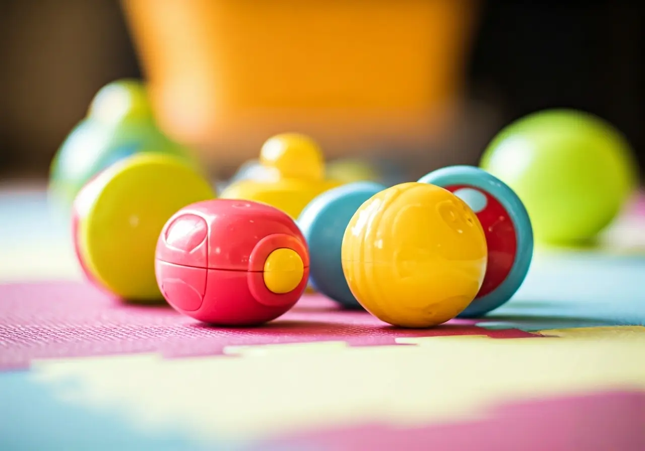 Colorful baby toys scattered on a soft play mat. 35mm stock photo