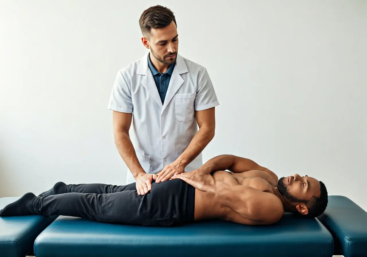 A chiropractor adjusting an athlete&rsquo;s back in a clinic. 35mm stock photo