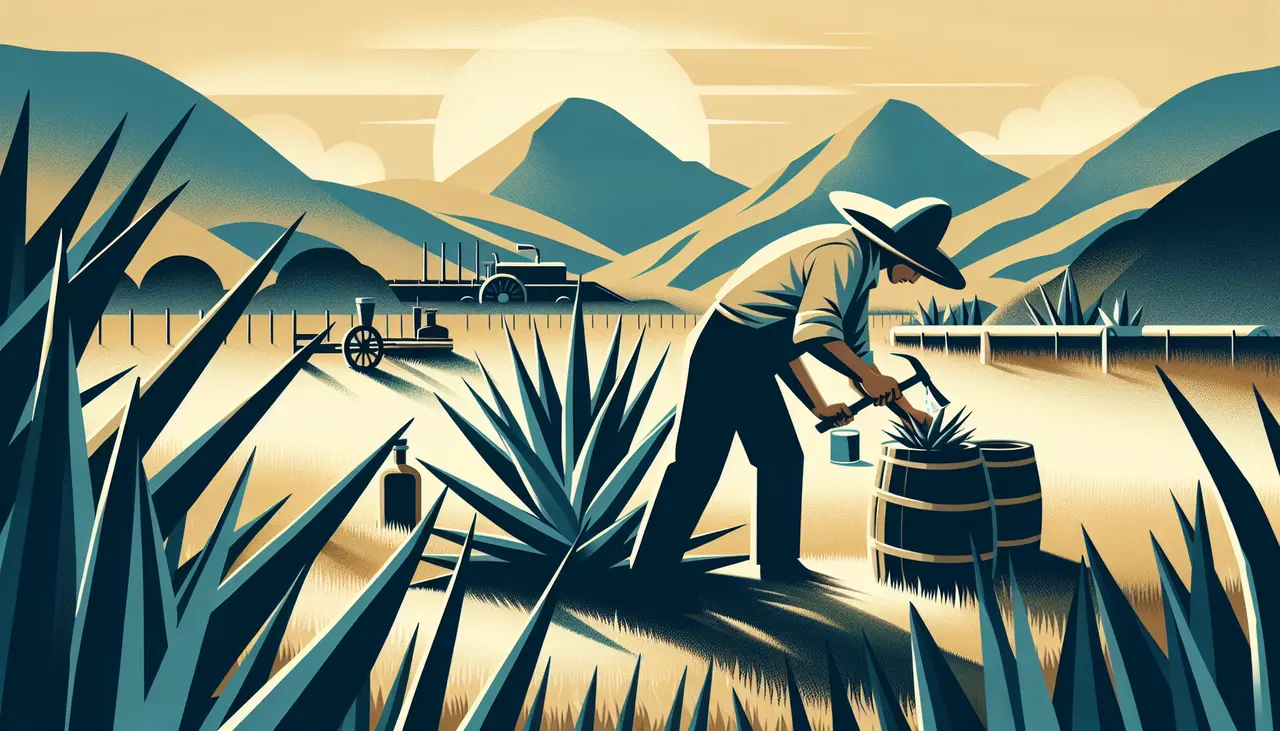 Draw a graphic in flat design style. Illustrate a Jimador skillfully harvesting an agave plant in a sunlit field, with mountains in the background, showcasing the traditional tools used in tequila production.