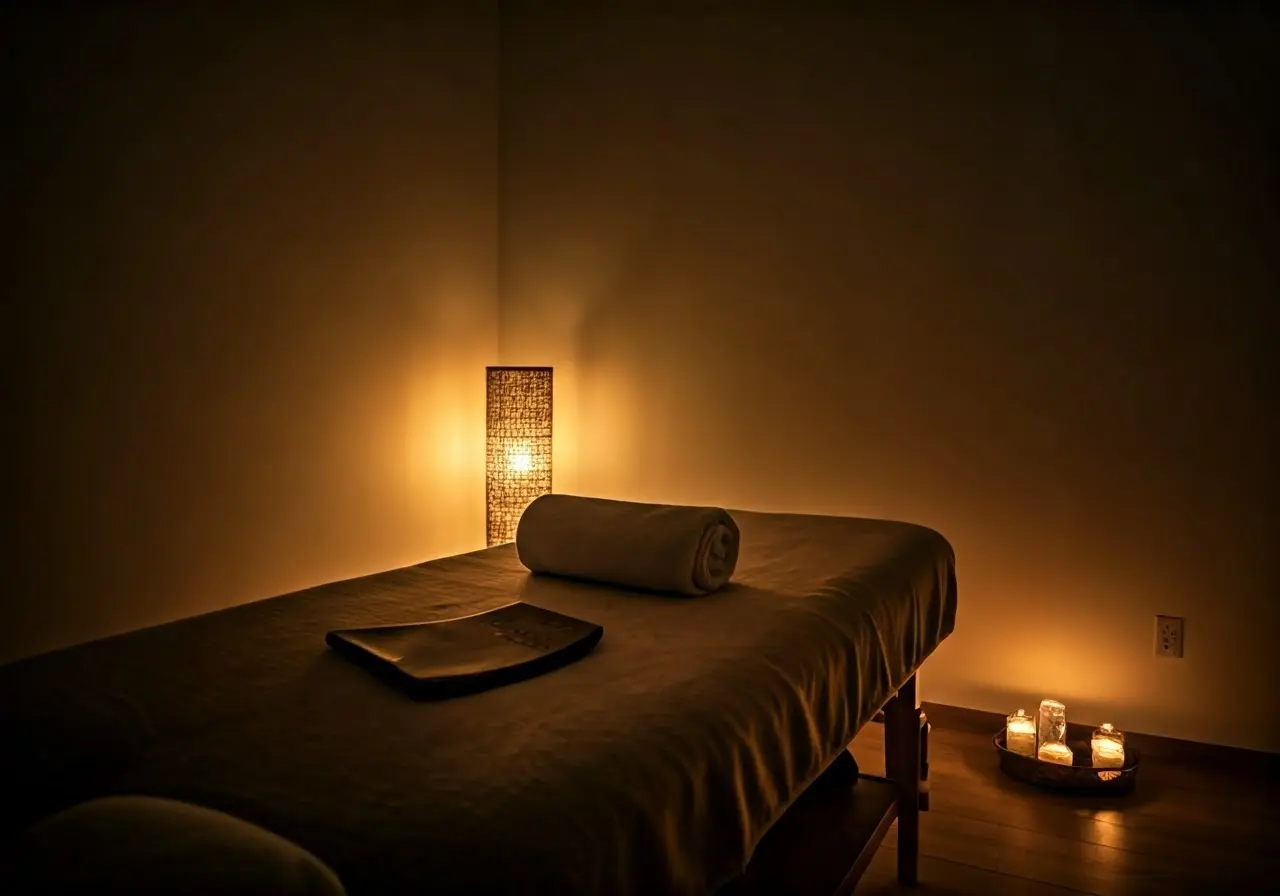 A serene massage therapy room with calming ambient lighting. 35mm stock photo