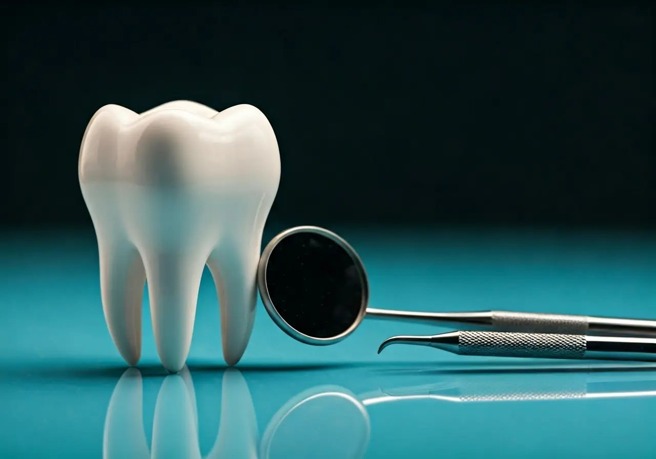 A close-up of dental tools next to a healthy tooth. 35mm stock photo