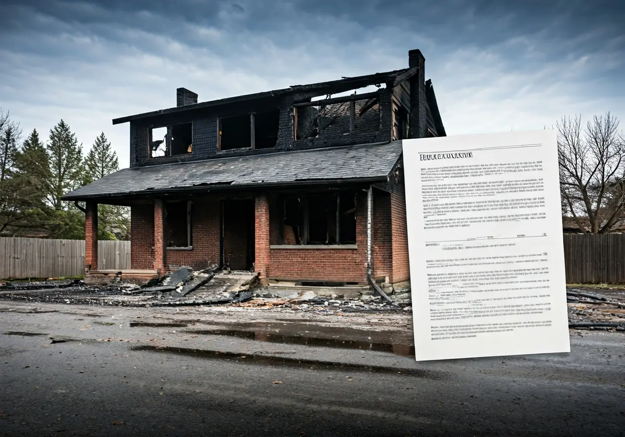 A home with fire damage and an insurance document beside it. 35mm stock photo