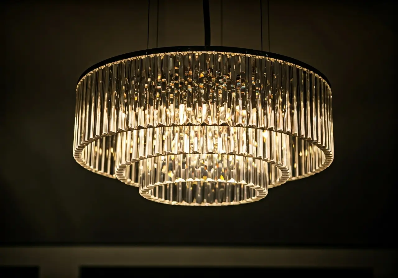 Elegant crystal chandelier illuminating a modern, stylish living room. 35mm stock photo
