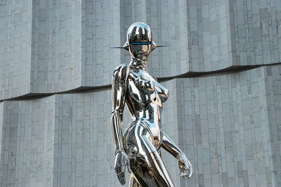 A sleek, chrome humanoid sculpture set before a minimalist, geometric wall.