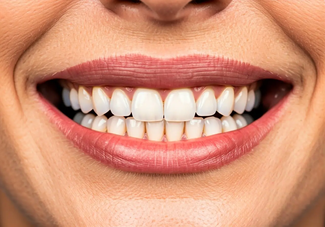 A close-up of a perfect, symmetrical smile with implants. 35mm stock photo