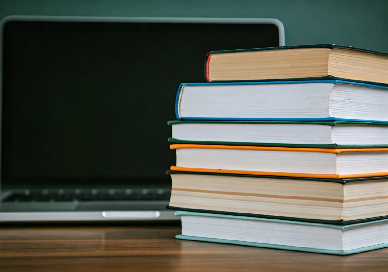 A stack of colorful books beside a laptop. 35mm stock photo