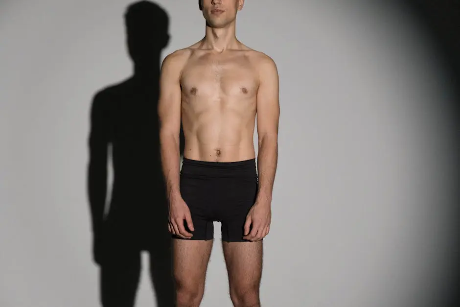 A shirtless muscular man wearing black shorts poses with dramatic lighting in a studio.