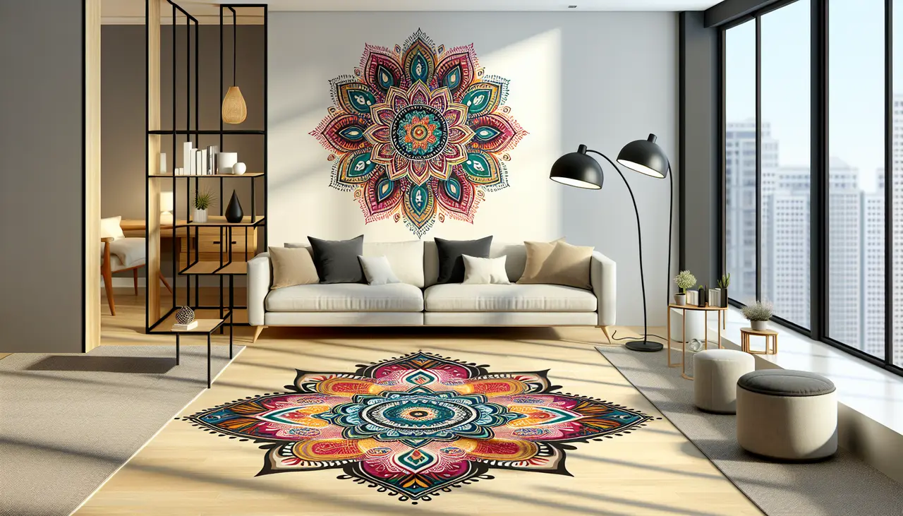 Draw a graphic in flat design style. An image of a modern living room with a large, vibrant rangoli pattern elegantly displayed on a minimalist floor.