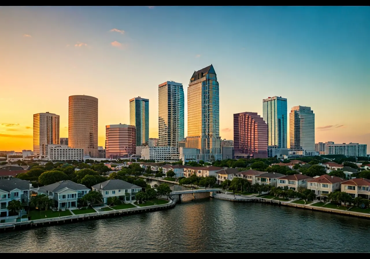 Aerial view of Tampa skyline at sunset with houses. 35mm stock photo