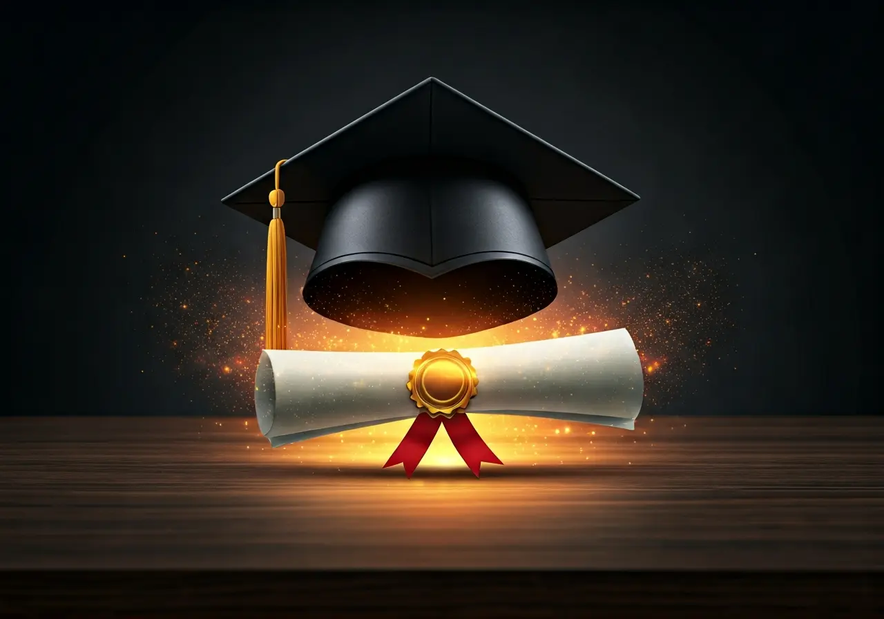 A digital diploma floating above a graduation cap. 35mm stock photo