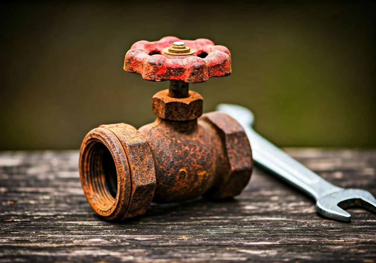 A rusty, corroded water valve with a wrench nearby. 35mm stock photo