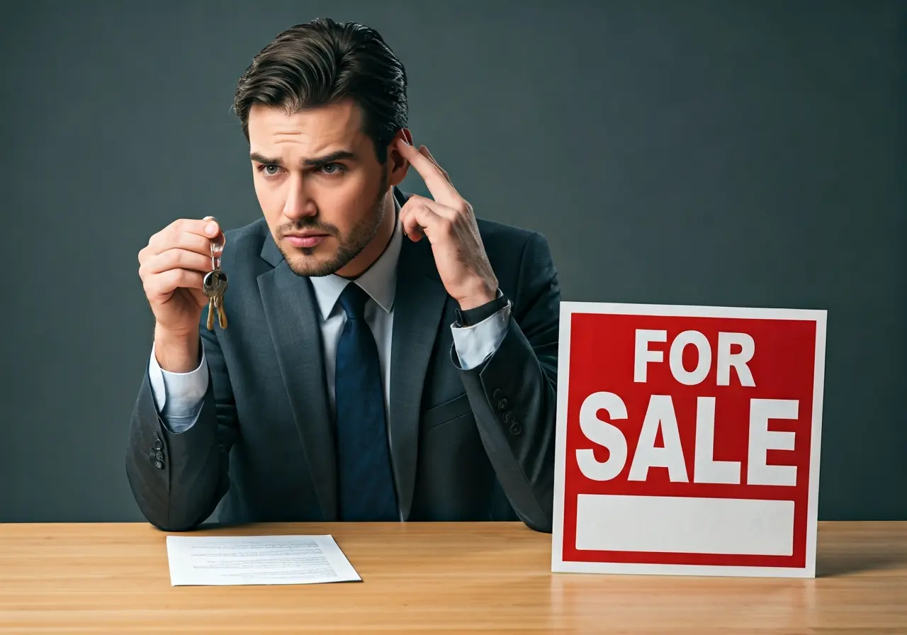 A stressed landlord holding keys beside a For Sale sign. 35mm stock photo