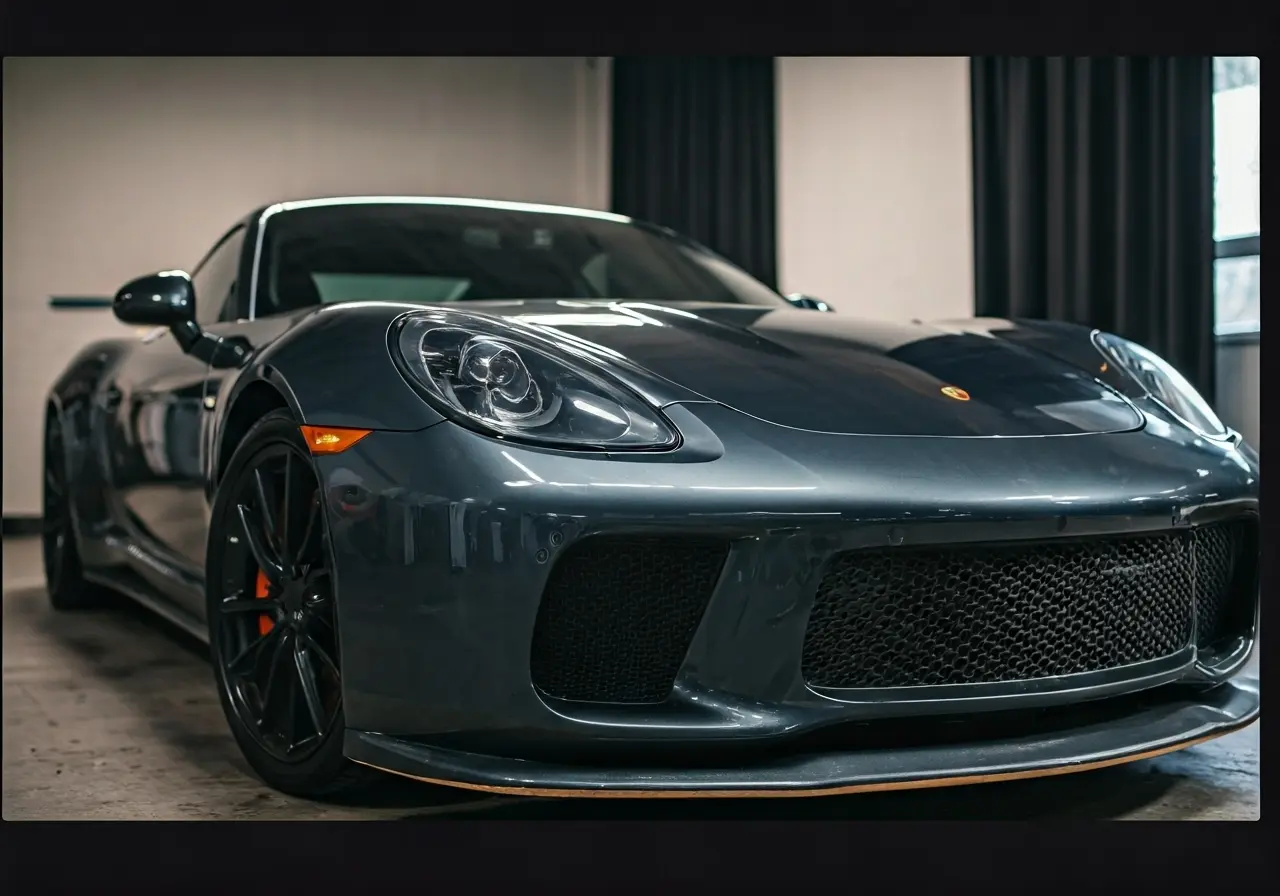 A shiny car being meticulously cleaned with detailing tools. 35mm stock photo