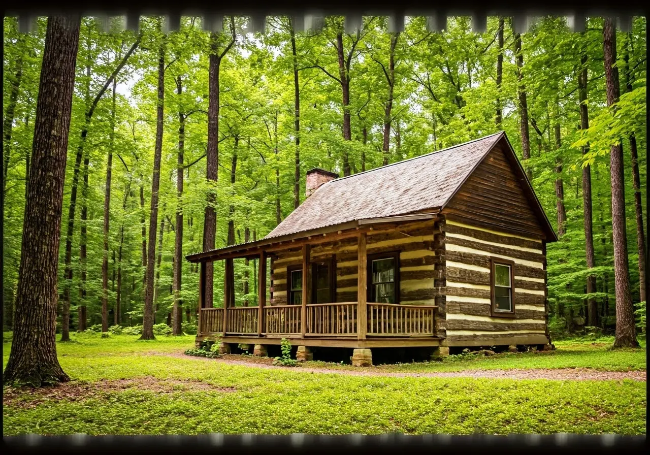 Cozy cabin nestled in lush, green Arkansas forest. 35mm stock photo