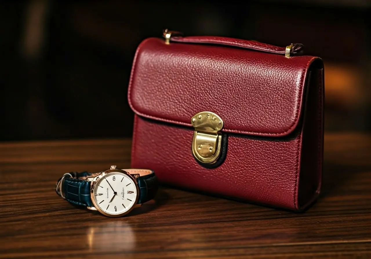 A high-end watch and vintage handbag on display. 35mm stock photo
