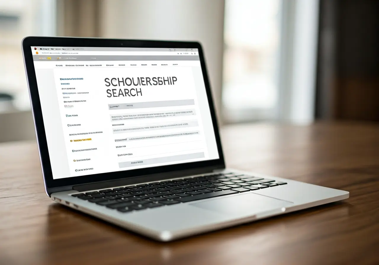 A laptop displaying a scholarship search website screen. 35mm stock photo