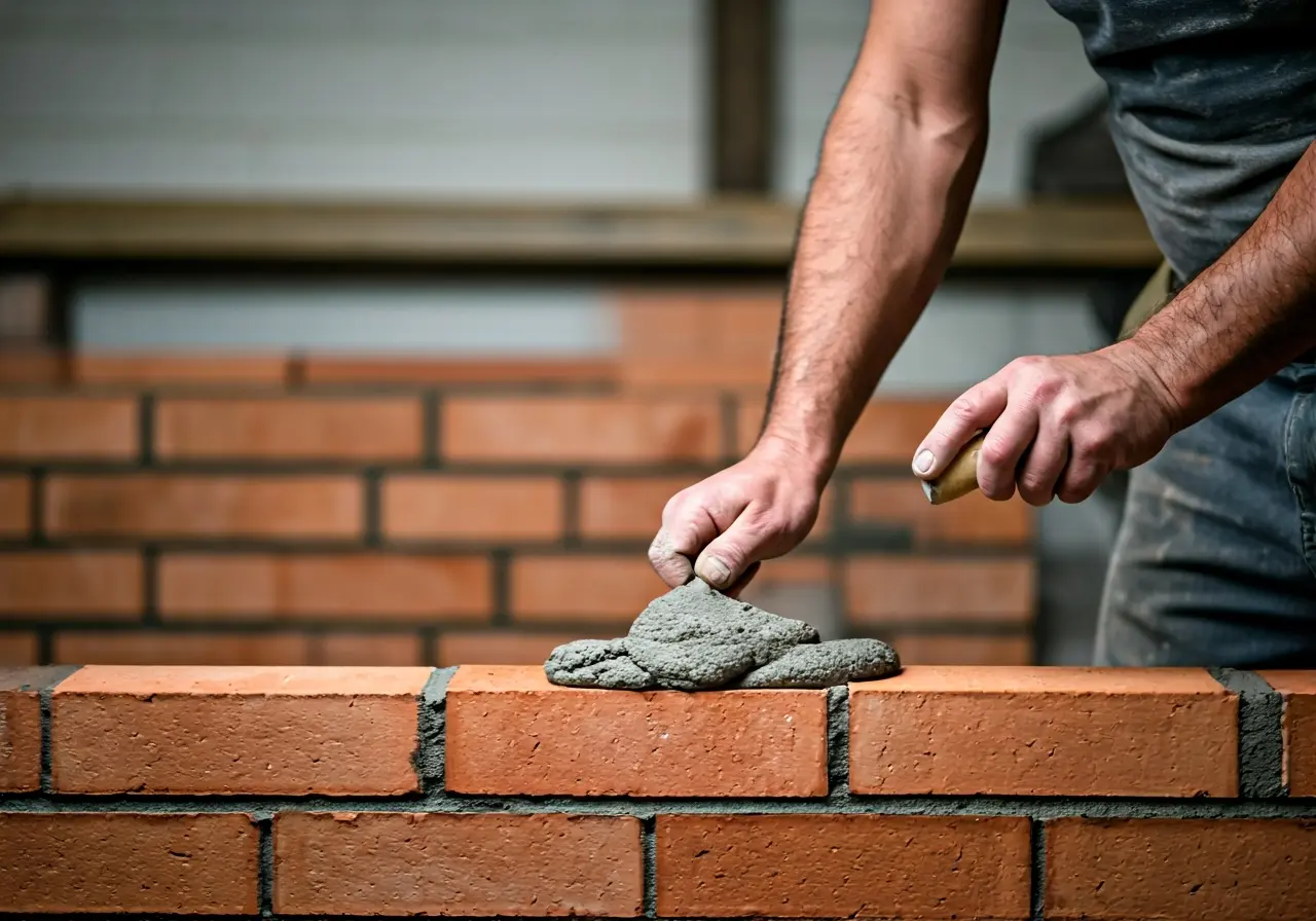 A skilled mason carefully aligns bricks with a trowel. 35mm stock photo