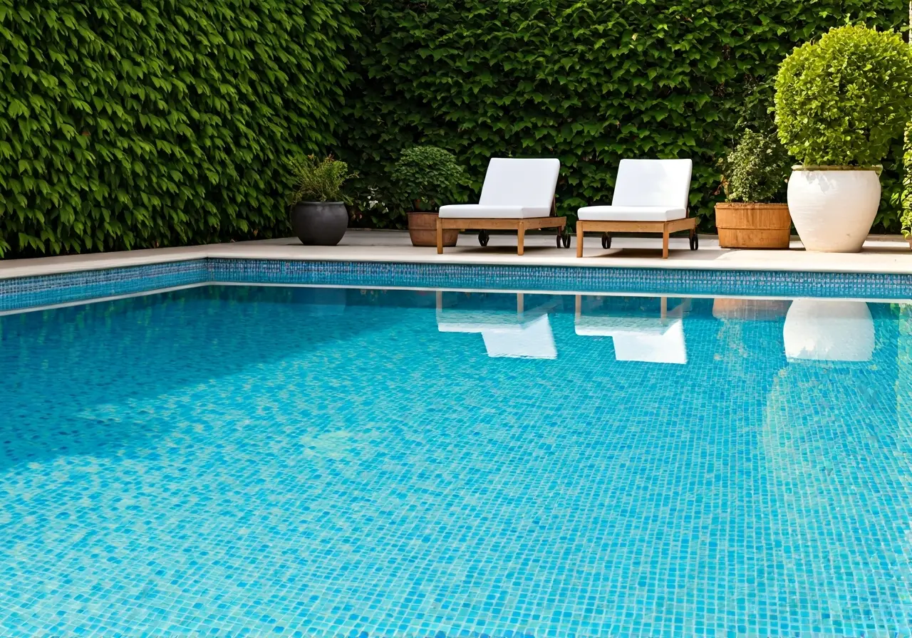 A modern pool with elegant tile accents and lush greenery. 35mm stock photo