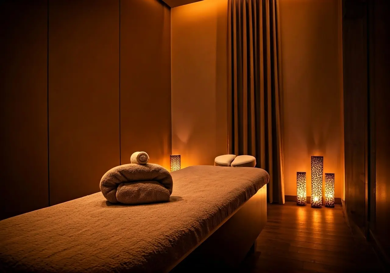 A serene massage room with calming decor and soft lighting. 35mm stock photo