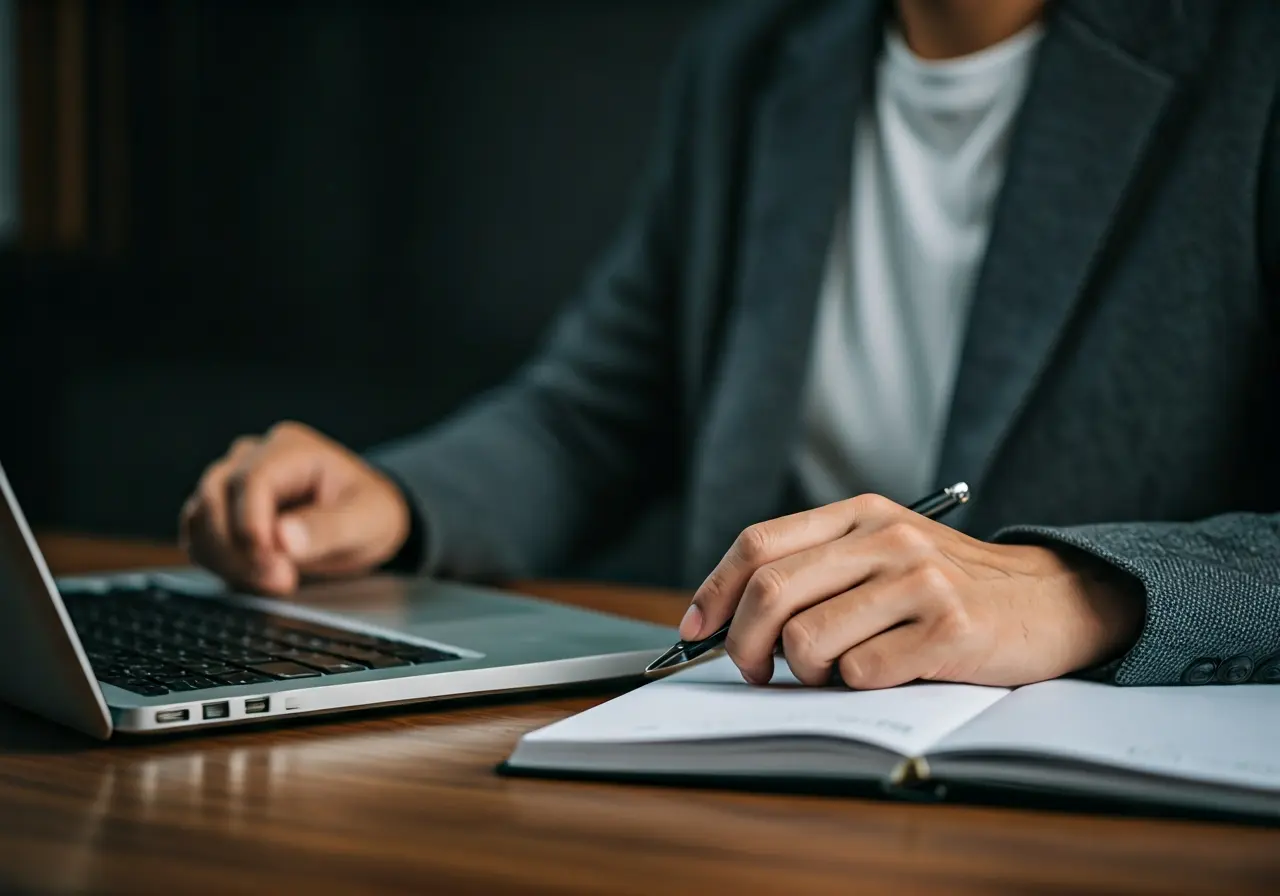 A person studies law online with a laptop. 35mm stock photo
