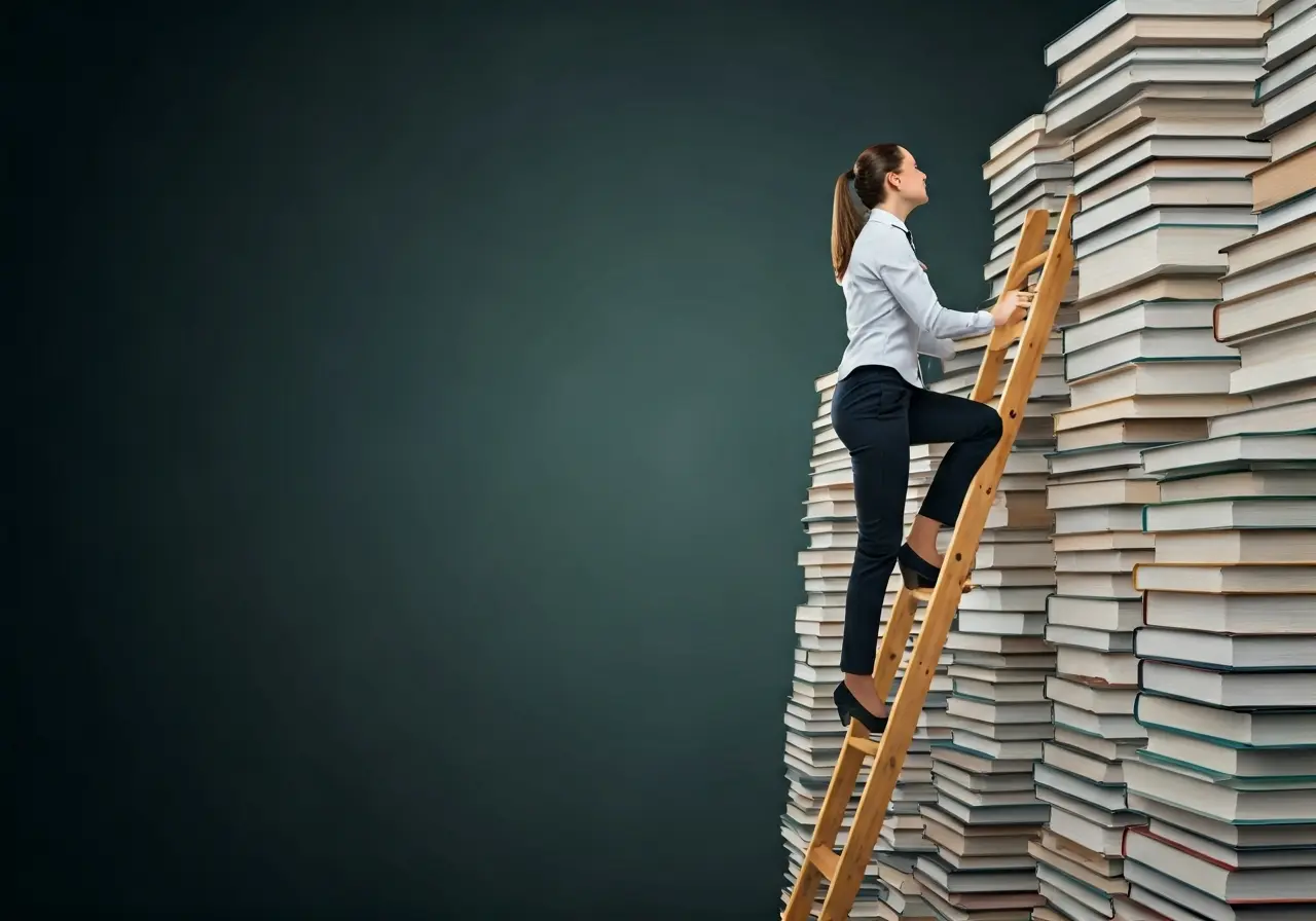 A motivated woman climbing a corporate ladder made of books. 35mm stock photo