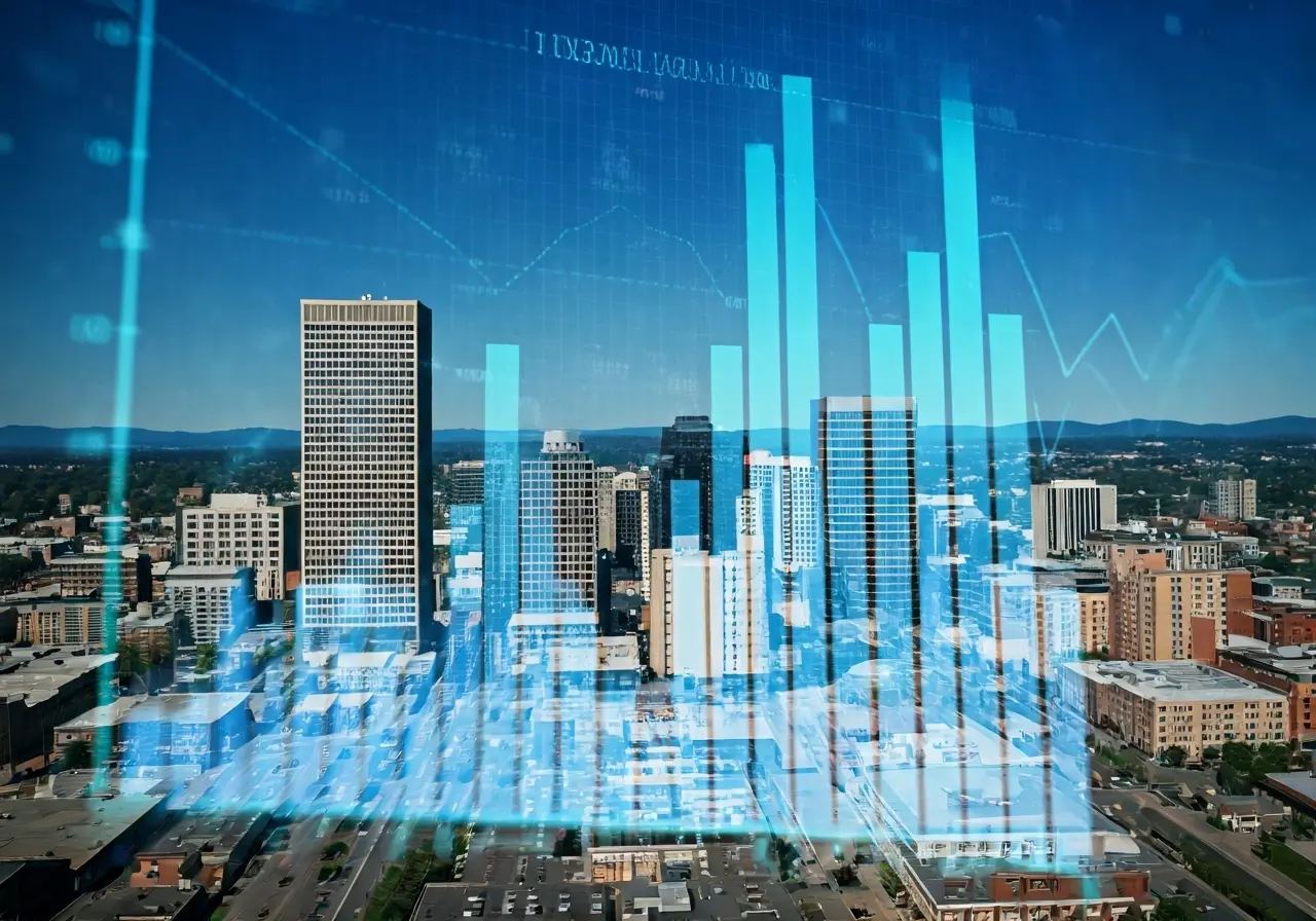 Aerial view of Spokane’s skyline with financial graph overlay. 35mm stock photo