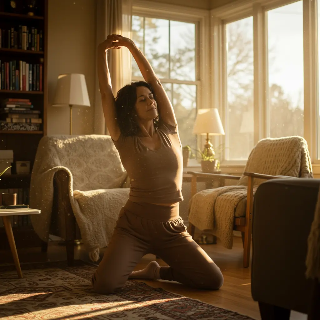 Person stretching arms in a cozy home setting.