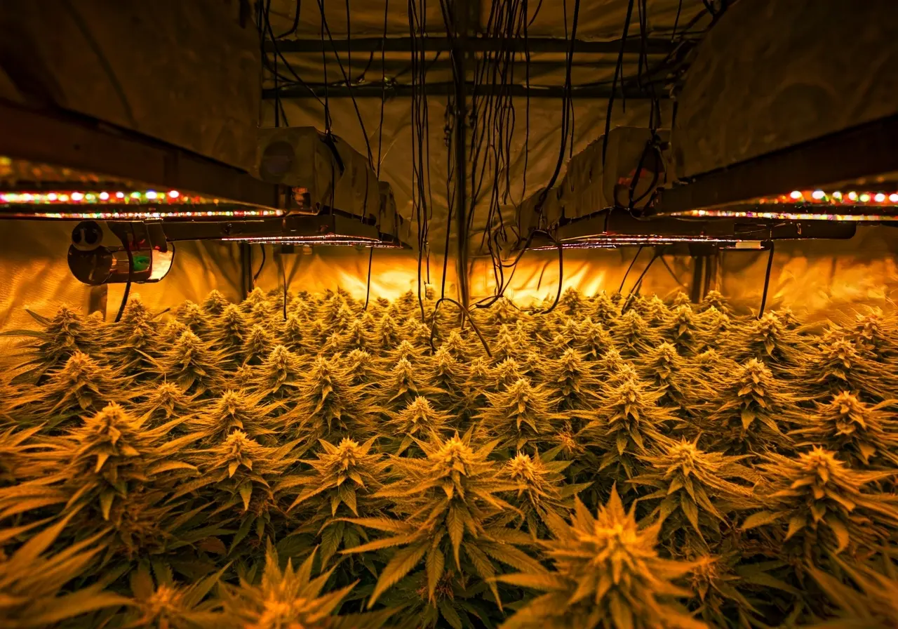 High-tech cannabis grow room with automated lighting systems. 35mm stock photo