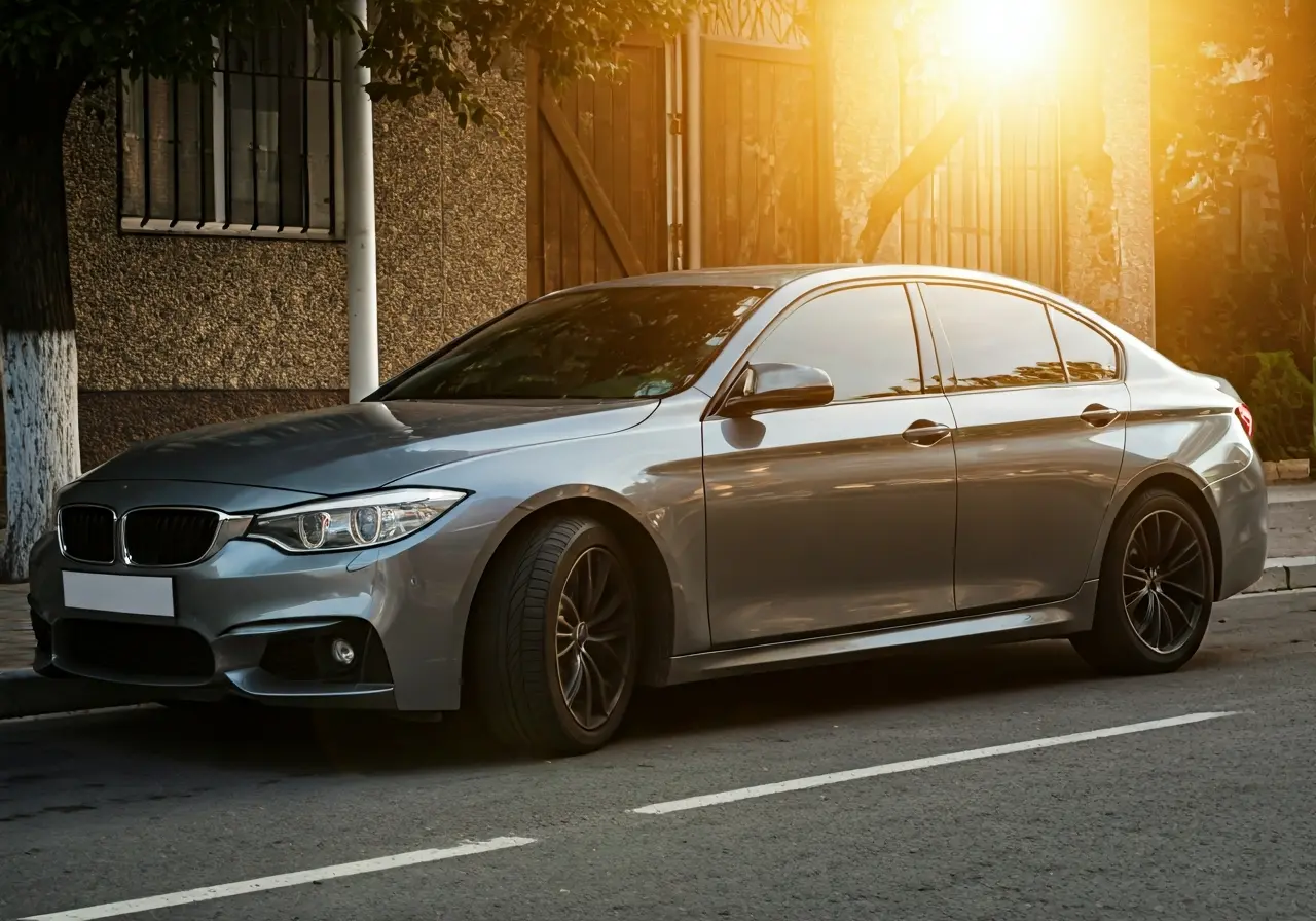 A sunlit car with tinted windows parked on a street. 35mm stock photo